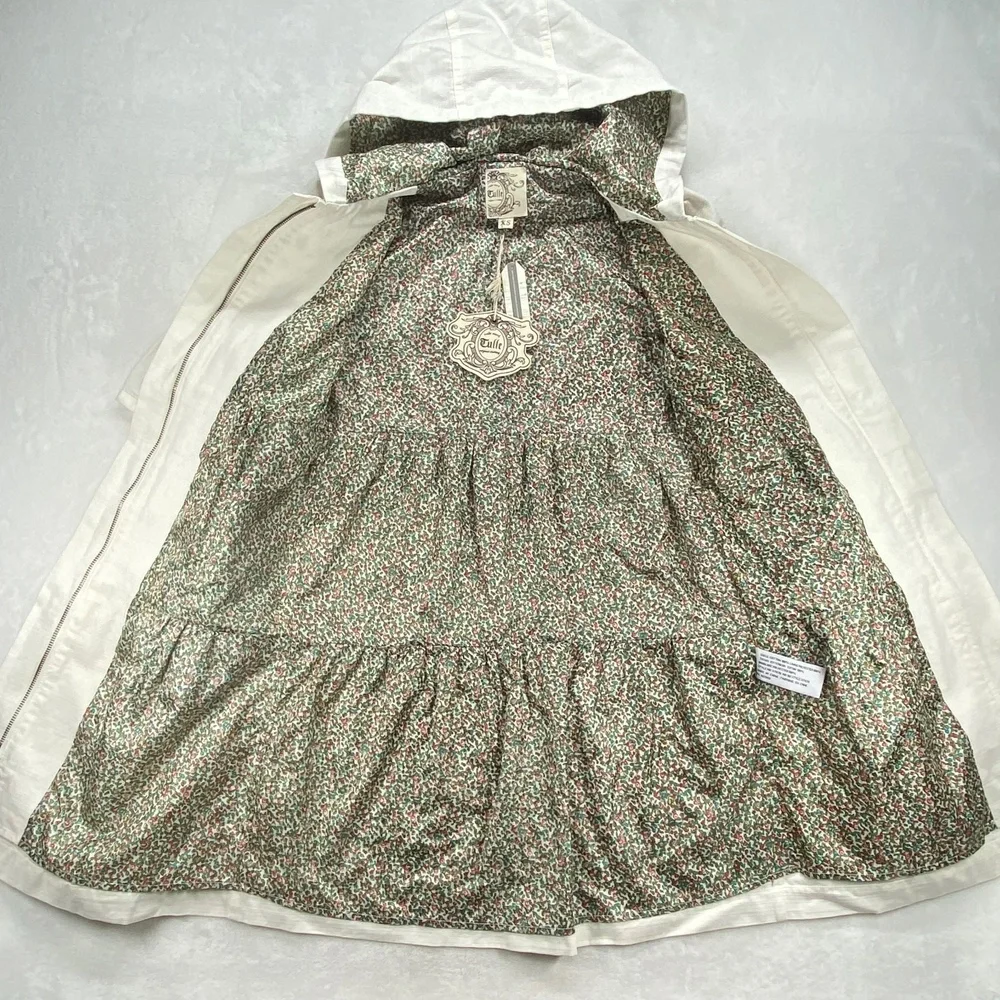 Tulle Hooded Trench Coat Floral Lined‎ Lightweight Jacket White XS